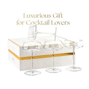 GLASSIQUE CADEAU Crystal Cocktail and Champagne Coupette Glasses | Set of 4 | 9 oz Elegant Long Stemmed Coupe Glassware for Gimlet, Espresso Martini, Daiquiri, Cosmopolitan | Fancy Round Saucers