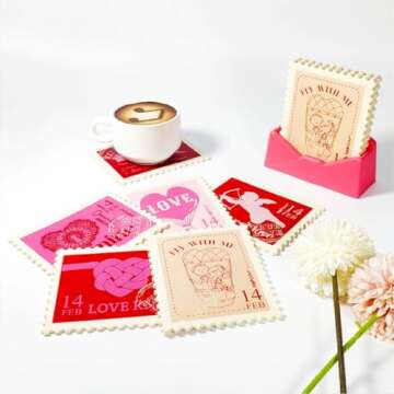 6 Pcs Valentine's Day Coasters with Vintage Gift Box - Perfect for Stamp Lovers!
