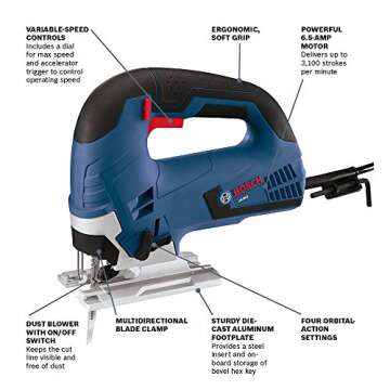 BOSCH JS365 120V 6.5 Amp Top-Handle Jigsaw Kit Variable Speed, 45 Degree Bevel Cuts, Up to 3,000 SPM
