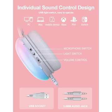 Gaming Headset with Microphone, RGB Rainbow Lighting, PC Wired Lightweight Gaming Headphones for PS4/PS5/Laptop/MAC, 3.5mm Audio Over Ear Headphone, Stereo Surround Sound, Self-Adjusting Headband