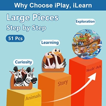 iPlay, iLearn Toddlers Noah's-Ark Wooden Animal Puzzles, Kids Floor Puzzles for Ages 3-5, 4-8, Large 51 Pieces Round Jigsaw Puzzle Educational Toys, Birthday Gift for 6 7 Years Old Boys Girls Children