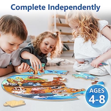 iPlay, iLearn Toddlers Noah's-Ark Wooden Animal Puzzles, Kids Floor Puzzles for Ages 3-5, 4-8, Large 51 Pieces Round Jigsaw Puzzle Educational Toys, Birthday Gift for 6 7 Years Old Boys Girls Children