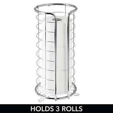 mDesign Metal Free Standing Toilet Paper Organizer Stand - 3 Rolls of Jumbo Toilet Tissue Storage - Bathroom Decor Accessory for Under Sink, Vanity, and Inside Cabinet Shelf - Omni Collection, Chrome