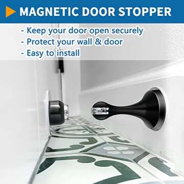 Magnetic Door Stopper, Stainless Steel Door Stop, Black Magnetic Door Catch Holder for Wall Protector Metal Doorstop with Double-Sided Adhesive Tape No Drilling