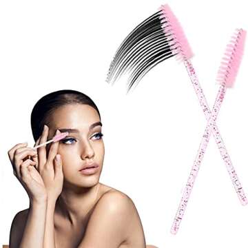 BTYMS 100 Pieces Disposable Lash Wands Eyelash Brushes with Crystal Handle Eyebrow Brushes Spoolies for Eyelash Extensions - Pink