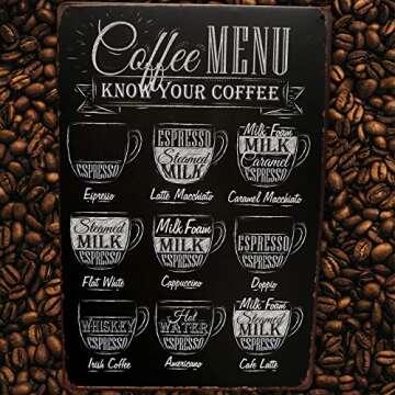 Coffee Menu Bar Metal Sign | Perfect for your Home Coffee Station, Kitchen Wall Decor, Coffee Bar Accessories, Cafe, Coffe, Office, Know Your Coffee Bar Decor Vintage Wall Signs Size: 8x12 Inches