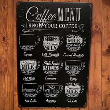 Coffee Menu Bar Metal Sign | Perfect for your Home Coffee Station, Kitchen Wall Decor, Coffee Bar Accessories, Cafe, Coffe, Office, Know Your Coffee Bar Decor Vintage Wall Signs Size: 8x12 Inches