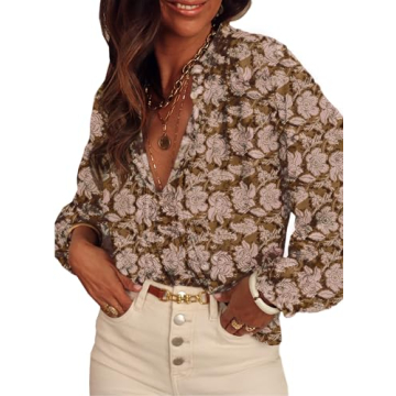 SHEWIN Blouses for Women Dressy Casual Floral Boho Tops Tunics Loose V Neck Long Sleeve Shirts Trend...