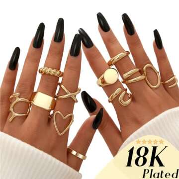 FAXHION 12PCS Gold Stackable Rings Set for Women, 18K Gold Plated Open Stacking Knuckle Ring, Adjust...