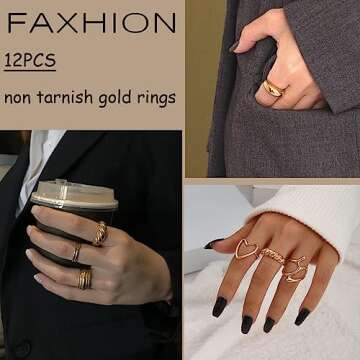 FAXHION 12PCS Gold Stackable Rings Set for Women, 18K Gold Plated Open Stacking Knuckle Ring, Adjustable Chunky Signet Band Ring for Gift