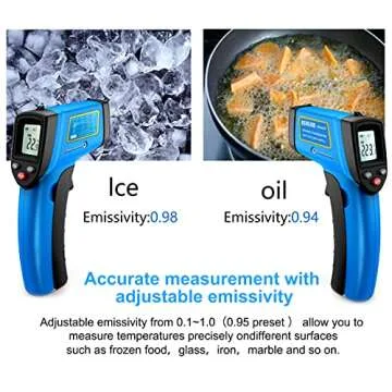 RISWOJOR Infrared Thermometer Cooking Digital Temperature Gun，Adjustable Emissivity &MAX/MIN/at/Cal Temp Gun; -58°F~752°F(-50°C～400°C) IR Laser Thermometer Gun for Industrial,Kitchen/Ovens/Grill