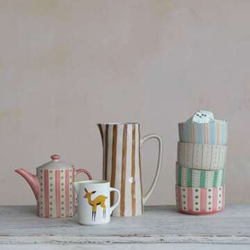 Creative Co-Op Hand-Painted Stoneware Stripes, Multicolor Pitcher, Multi