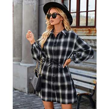 Blooming Jelly Womens Plaid Dress Flannel Puff Sleeve Button Down Shirt Dress Casual Fall Dresses 2023 Mini Dress(Small,Black and White Plaid)