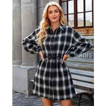 Blooming Jelly Womens Plaid Dress Flannel Puff Sleeve Button Down Shirt Dress Casual Fall Dresses 2023 Mini Dress(Small,Black and White Plaid)