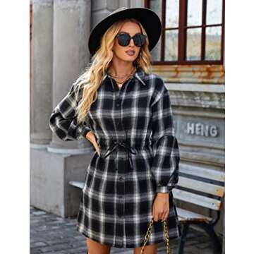 Blooming Jelly Womens Plaid Dress Flannel Puff Sleeve Button Down Shirt Dress Casual Fall Dresses 2023 Mini Dress(Small,Black and White Plaid)