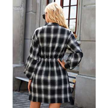 Blooming Jelly Womens Plaid Dress Flannel Puff Sleeve Button Down Shirt Dress Casual Fall Dresses 2023 Mini Dress(Small,Black and White Plaid)