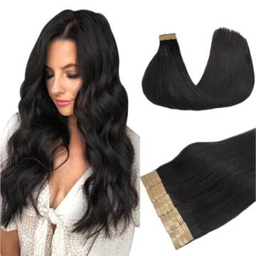 DOORES Natural Black 18 Inch 20pcs 50g Tape in Human Hair Extensions Remy Seamless Straight Real Hum...