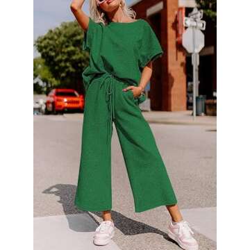 SHEWIN Two 2 Piece Outfits Sweat Suit Lounge Sets for Women Casual Long Sleeve Crewneck Pullover Tops Matching Loungewear Pants Loose Pajama Tracksuit Summer Outfits Green XL