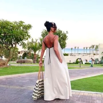 Shy Velvet Women's 2025 Summer Linen Maxi Dress Contrast Spaghetti Strap Dress Backless Sleeveless Casual Party Beach Dresses