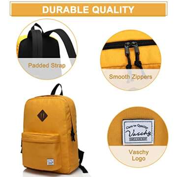 VASCHY Lightweight Backpack for School, Classic Basic Water Resistant Casual Day-pack for Travel with Bottle Side Pockets (Gold)