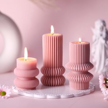 MTLEE 3 Pcs Small Ribbed Pillar Candles - Scented Decorative Candles for Modern Home Decor