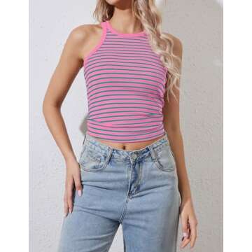 Ziesexy Striped Shirt Women Ribbed Tank Tops for Women High Neck Tops Racerback Sleveless Summer Casual Slim Fitted Tank Pink and Green