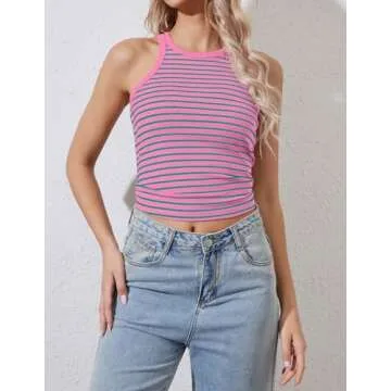 Ziesexy Striped Shirt Women Ribbed Tank Tops for Women High Neck Tops Racerback Sleveless Summer Casual Slim Fitted Tank Pink and Green