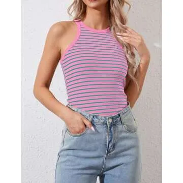 Ziesexy Striped Shirt Women Ribbed Tank Tops for Women High Neck Tops Racerback Sleveless Summer Casual Slim Fitted Tank Pink and Green