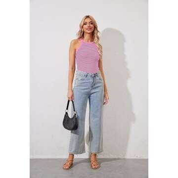 Ziesexy Striped Shirt Women Ribbed Tank Tops for Women High Neck Tops Racerback Sleveless Summer Casual Slim Fitted Tank Pink and Green