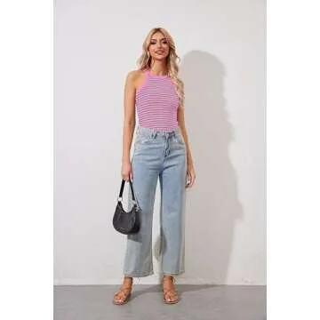 Ziesexy Striped Shirt Women Ribbed Tank Tops for Women High Neck Tops Racerback Sleveless Summer Casual Slim Fitted Tank Pink and Green