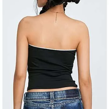 Women Lace Trim Strapless Tube Top Y2k Off Shoulder Backless Bandeau Top Knitted Aesthetic Crop Tank Top(A Cute Black,Medium)