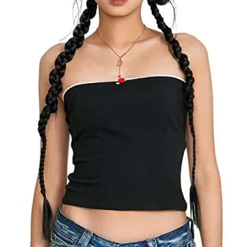 Women Lace Trim Strapless Tube Top Y2k Off Shoulder Backless Bandeau Top Knitted Aesthetic Crop Tank Top(A Cute Black,Medium)