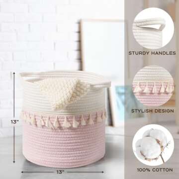 danpinera 3-Pack Round Baskets for Organizing, 11 Inch Boho Woven Baskets for Storage with Handle and Tassel for Decor, Practical Storage Basket for Shelves, Easy to Grip, Pink