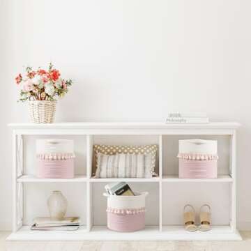 danpinera 3-Pack Round Baskets for Organizing, 11 Inch Boho Woven Baskets for Storage with Handle and Tassel for Decor, Practical Storage Basket for Shelves, Easy to Grip, Pink