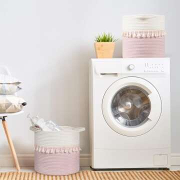 danpinera 3-Pack Round Baskets for Organizing, 11 Inch Boho Woven Baskets for Storage with Handle and Tassel for Decor, Practical Storage Basket for Shelves, Easy to Grip, Pink