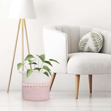 danpinera 3-Pack Round Baskets for Organizing, 11 Inch Boho Woven Baskets for Storage with Handle and Tassel for Decor, Practical Storage Basket for Shelves, Easy to Grip, Pink