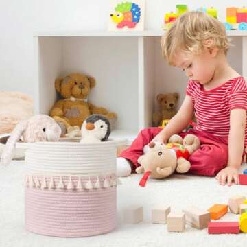 danpinera 3-Pack Round Baskets for Organizing, 11 Inch Boho Woven Baskets for Storage with Handle and Tassel for Decor, Practical Storage Basket for Shelves, Easy to Grip, Pink