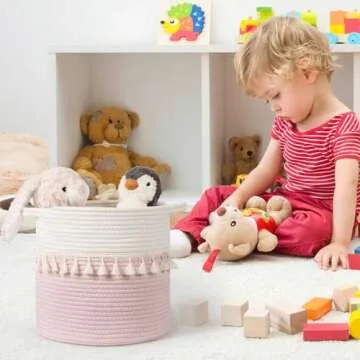 danpinera 3-Pack Round Baskets for Organizing, 11 Inch Boho Woven Baskets for Storage with Handle and Tassel for Decor, Practical Storage Basket for Shelves, Easy to Grip, Pink