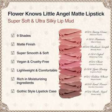 Flower Knows Little Angel Matte Lipstick,Super Soft & Ultra Silky Lip Stick,Long Lasting & Moisturizing Vegan Lip Mud for Girls&Women,Velvety Finish,3.5g,1Count(C06 Lyric Poetry)