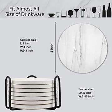 EAGMAK Set of 8 Coasters for Drinks, Absorbent Marble Style Ceramic Drink Coaster with Holder for Coffee Wooden Table Home Decor (White)