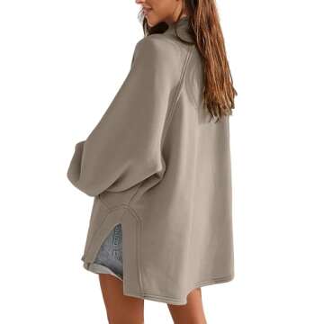 MISSACTIVER Women's Oversized Sweatshirts Dress Casual V Neck Long Sleeve Side Split Hem Fleece Pullover Tops with Pockets (Small, Coffee Grey)