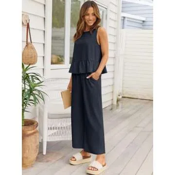 AUTOMET Womens Summer 2 Piece Outfits Linen Crop Tank Tops Lounge Matching Sets & Long Track Pants Tracksuits 2025 Navy Blue L