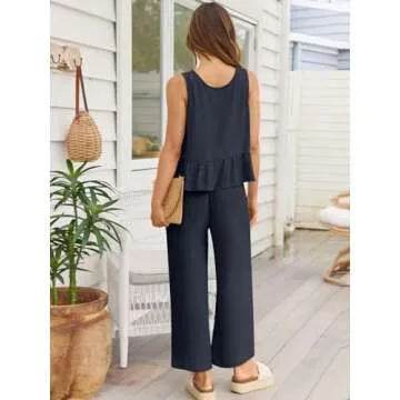 AUTOMET Womens Summer 2 Piece Outfits Linen Crop Tank Tops Lounge Matching Sets & Long Track Pants Tracksuits 2025 Navy Blue L