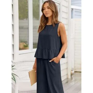 AUTOMET Womens Summer 2 Piece Outfits Linen Crop Tank Tops Lounge Matching Sets & Long Track Pants Tracksuits 2025 Navy Blue L