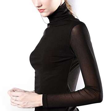 Anbenser Women's Turtleneck Top Long Sleeve Slim Fit Shirts Mesh Sheer See Through Casual Blouse (Black,XXX-Large)