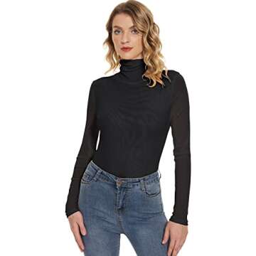 Anbenser Women's Turtleneck Top Long Sleeve Slim Fit Shirts Mesh Sheer See Through Casual Blouse (Black,XXX-Large)