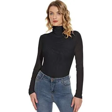 Anbenser Women's Turtleneck Top Long Sleeve Slim Fit Shirts Mesh Sheer See Through Casual Blouse (Black,XXX-Large)