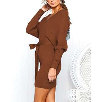 Mansy Women's Sexy Cocktail Batwing Long Sleeve Backless Mock Wrap Knit Sweater Mini Dress Brown