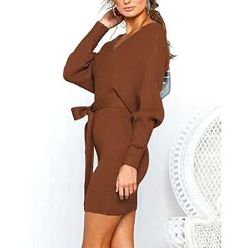 Mansy Women's Sexy Cocktail Batwing Long Sleeve Backless Mock Wrap Knit Sweater Mini Dress Brown