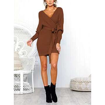 Mansy Women's Sexy Cocktail Batwing Long Sleeve Backless Mock Wrap Knit Sweater Mini Dress Brown